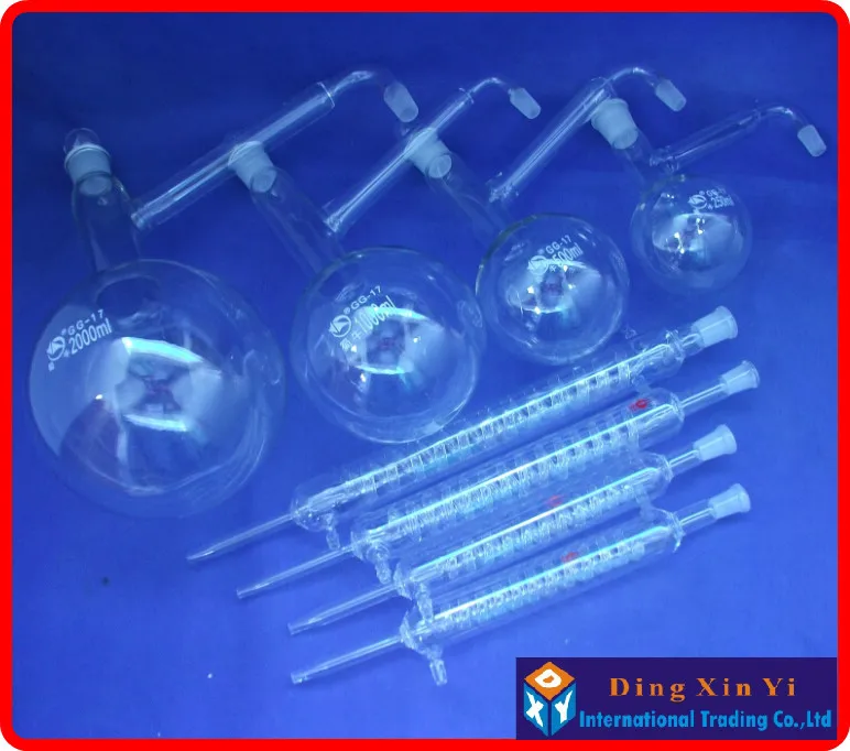 Lab Glass Supplies Distiling Apparatus with ground glass joints Glass distillation unit Distillation flask + graham condenser + conical flask distiller Lab Condenser