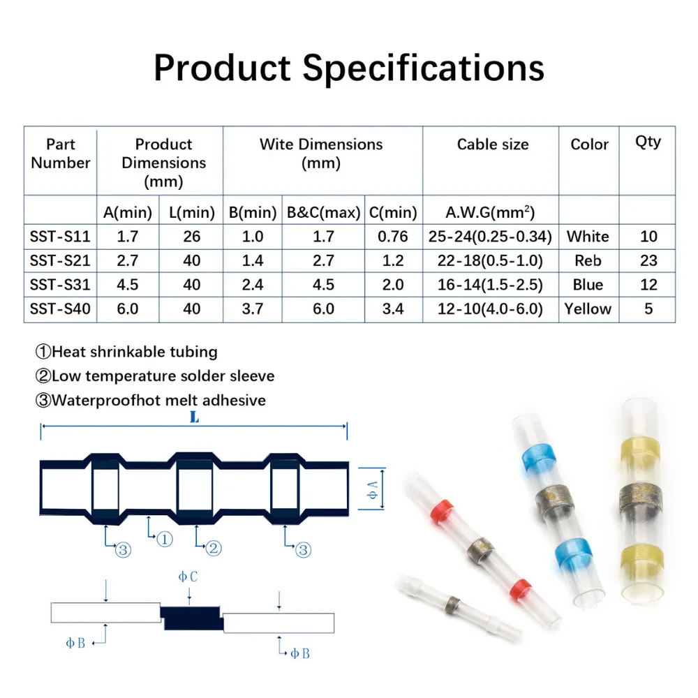 50 шт. водонепроницаемый термоусадочные пайки терминалы набор припоя рукав трубки изолированные электрические провода разъемы комплект