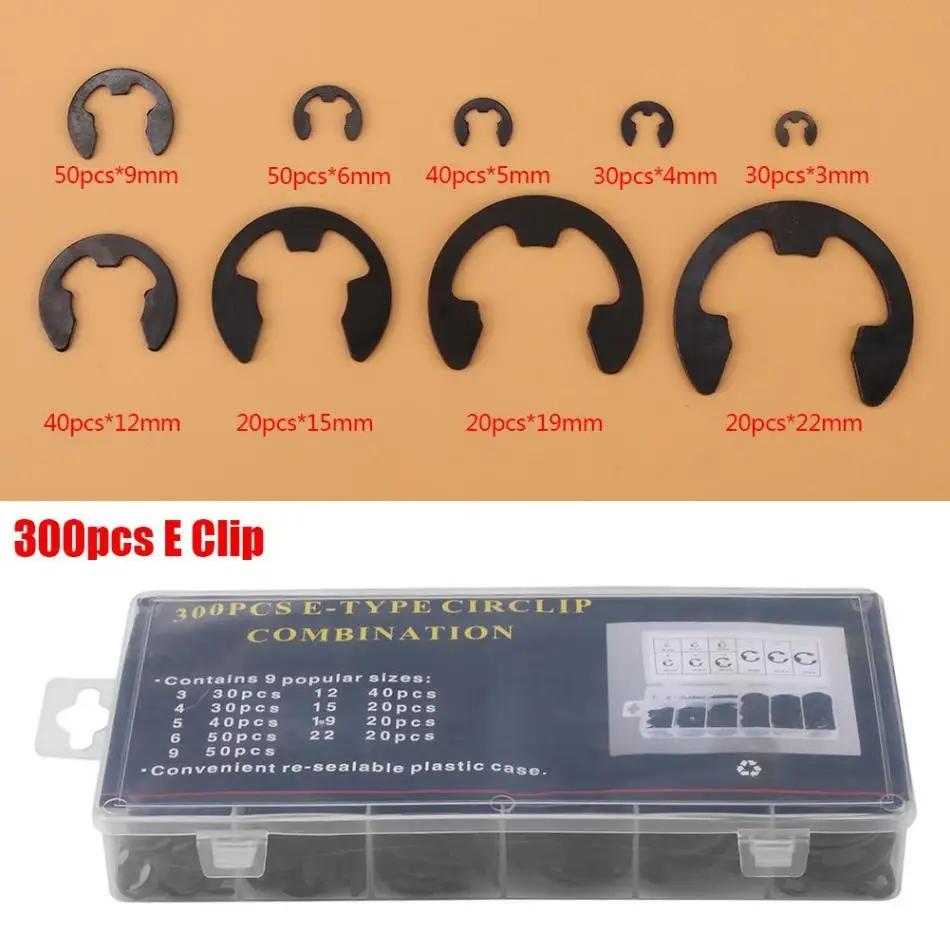 300 шт./компл. 3 мм-22 мм металлический E-зажим E-кольцо вала стопорных колец ассортимент комплект крепежа с коробкой высокое качество