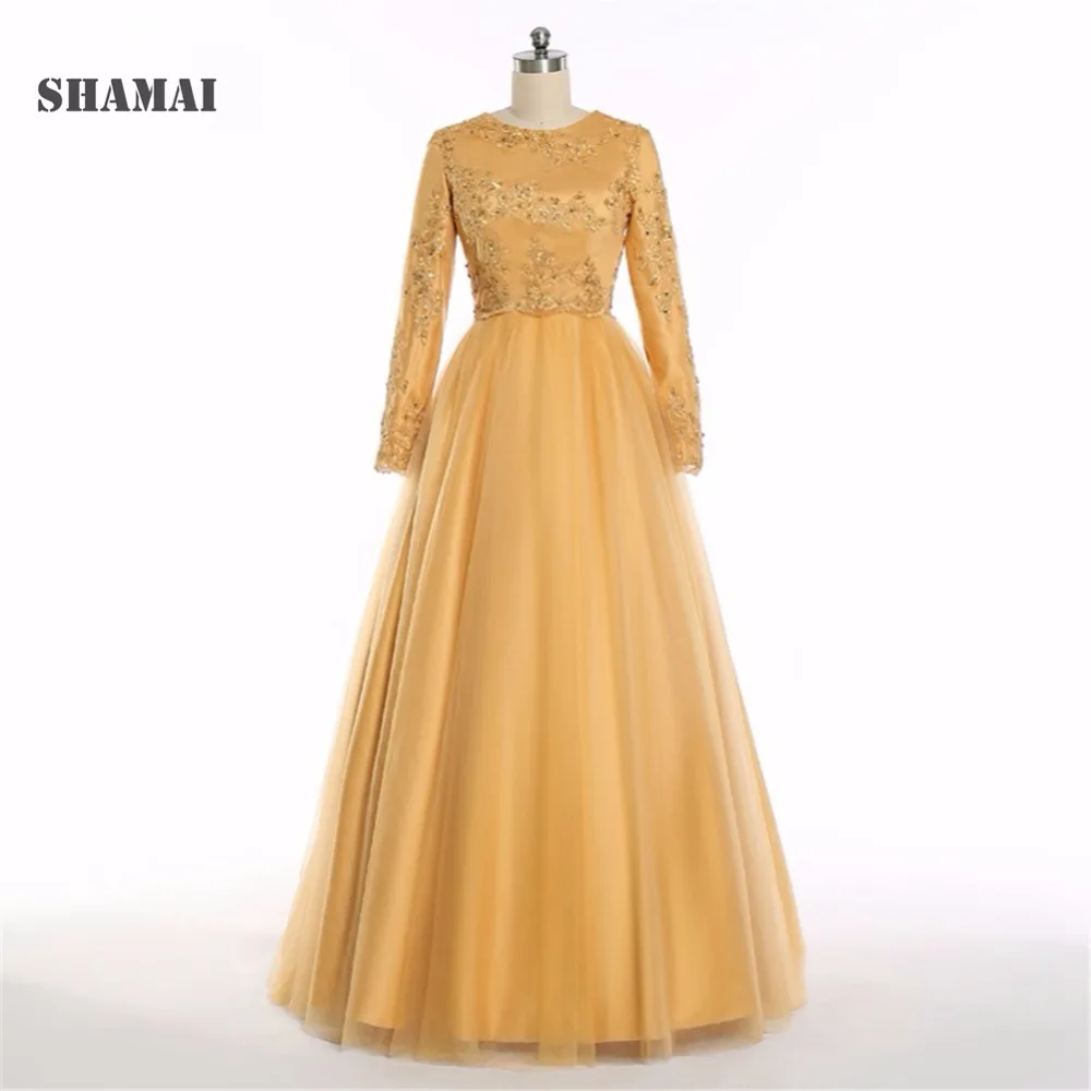 

SHAMAI Women Vintage Evening Dress O-Neck Long Sleeve Appliqued Satin Party Evening Dress A-line Party Formal Floor-Length Gown