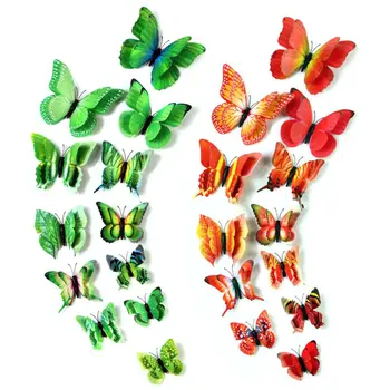 12pcs 2018 new 3D double simulation three dimensional butterfly wall stickers refrigerator kitchen living room decoration
