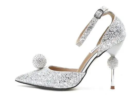

Sexy silvery solid bling pointed toe high heel pumps for women Ladies summer new crystal thin heel shallow shoes High heels