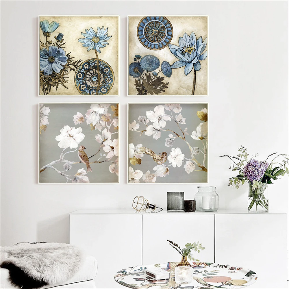 Vintage Flowers And Birds Art Canvas Prints Antique Decor Wall Painting