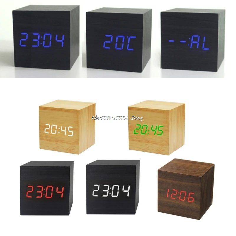 Cube LED Wooden Alarm Clock Sound Control Square Table Digital Thermometer Clock CHE9