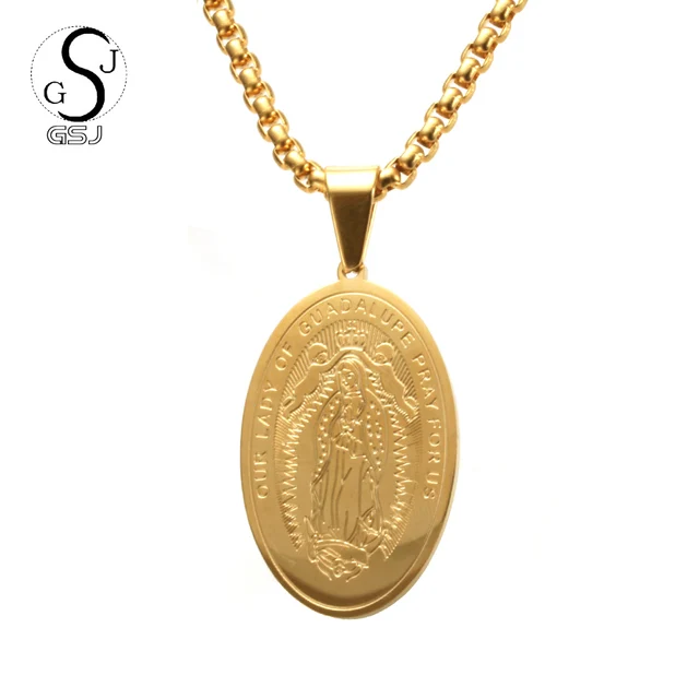 GSJ Religious Necklaces Gold Chain Stainless Steel Virgin Mary Saint