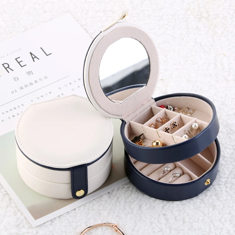 Portable Travel Jewelry Box Round Ring Earrings Bracelets Necklaces Gift Organizer Leather Storage Box