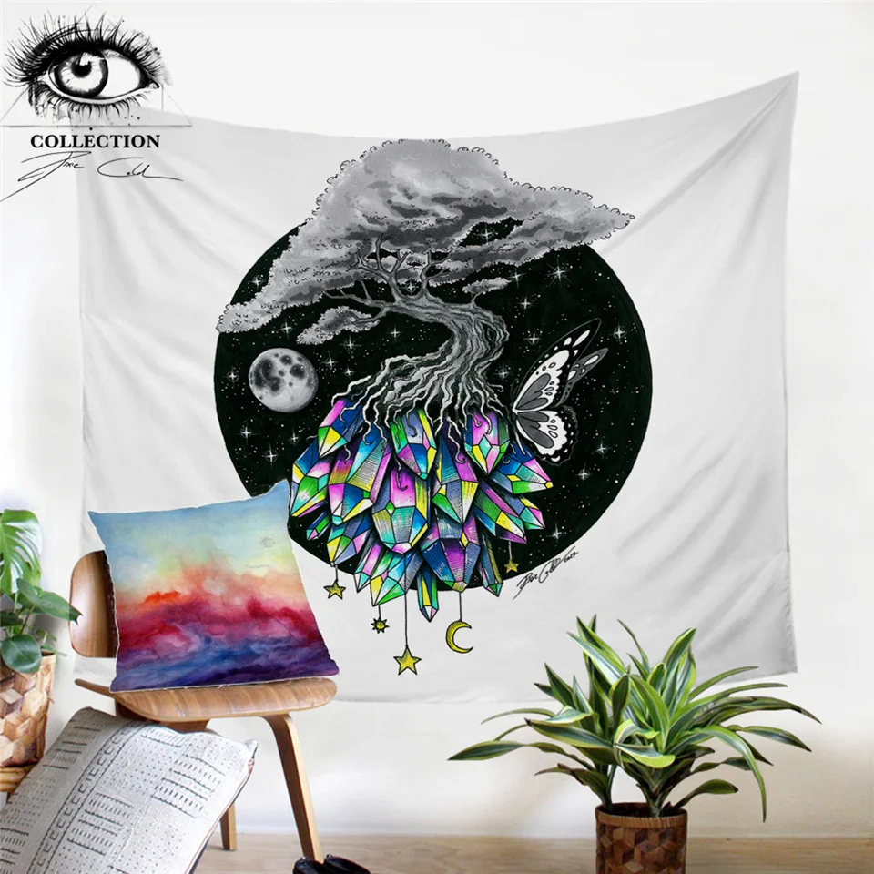 

Crystal Tree by Pixie Cold Art Tapestry Colorful Rock Wall Carpet Star Moon Planet for Bedroom Wall Hanging Butterfly Decoration