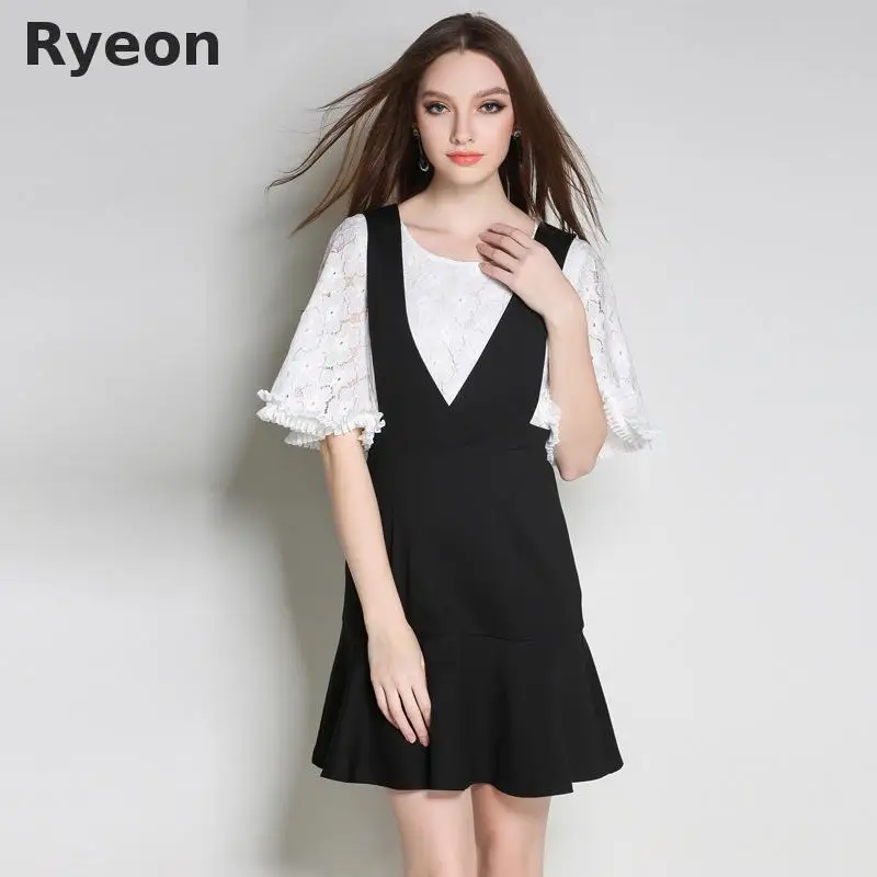 Ryeon Л До 5xl Большой Размер Женщин 2 Шт. Платья a-line Кружева Блузка С Подтяжки Винтаж
