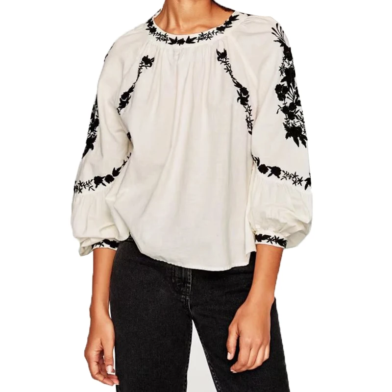 White Floral Embroidered Blouses 2017 Autumn Buttoned Long Sleeve