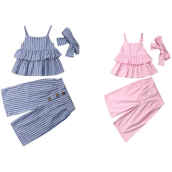 

Trendy Toddler Kid Girl Ruffles Stirped Solid Tanks and Pant Set With Headband