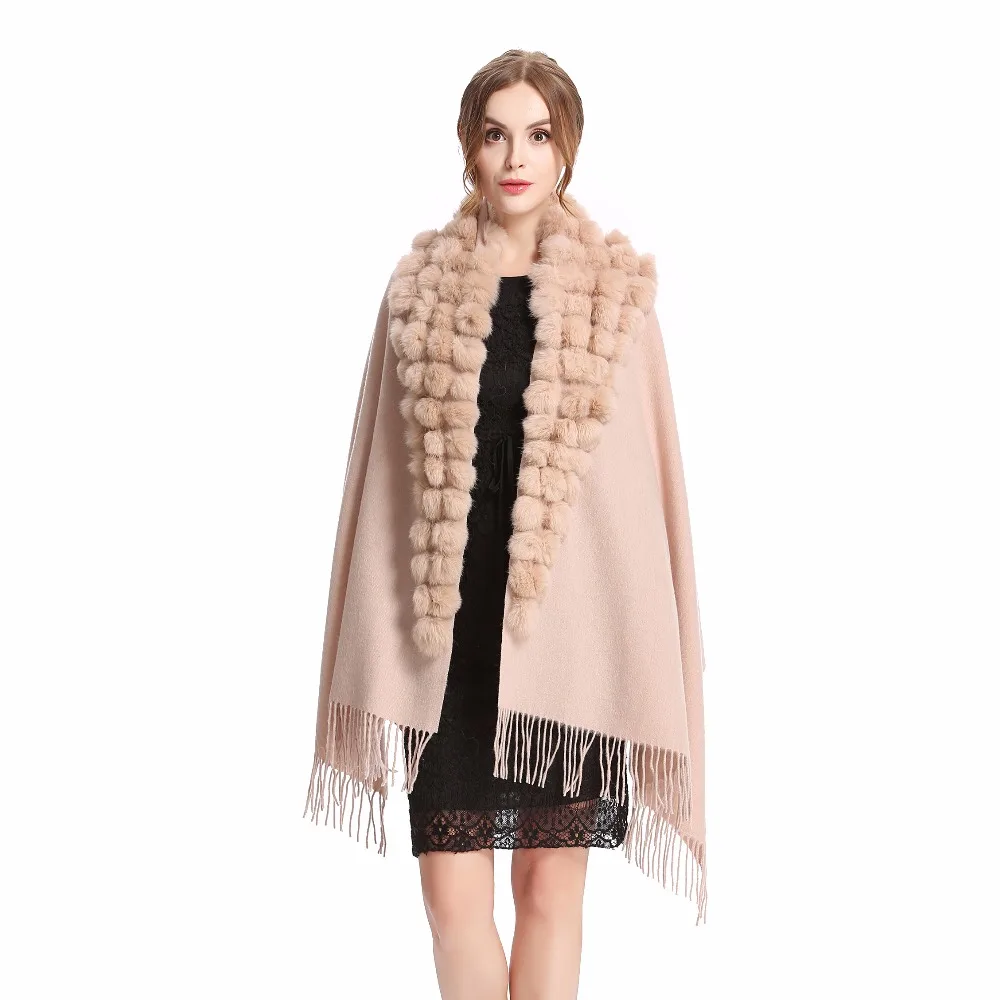  ZY87001 Fashion Womens Autumn Winter Wool With Rabbit Fur Pompon Warm Tassel Shawl Scarf Wrap 25 Co