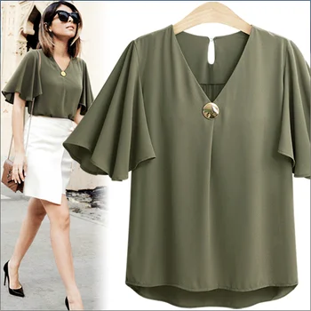 

4xl plus big size blusas feminina 2017 new korean spring summer style thin lotus leaf sleeve chiffon fashion shirts female A3751