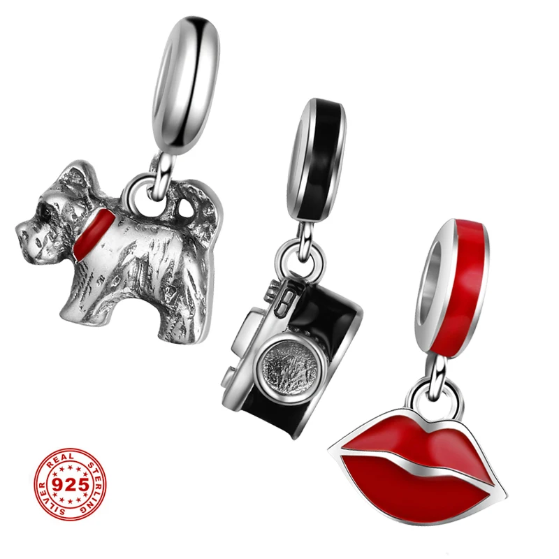

2pcs/lot 100% 925 Sterling Silver Charm Cute Dog Pendant Enamel Camera & Red Lip Dangle Beads Big Hole for Making DIY Jewelry