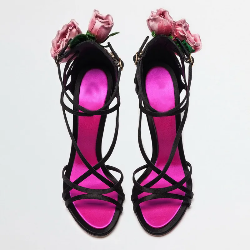 Rosa Flor Las Negro abrigo Personalizado rosy Diamantes Sandalias Tobillo De rojo Lujo Atado Mujeres Hebilla Zapatos Red Cruz Boda Tacón qRpBY0w