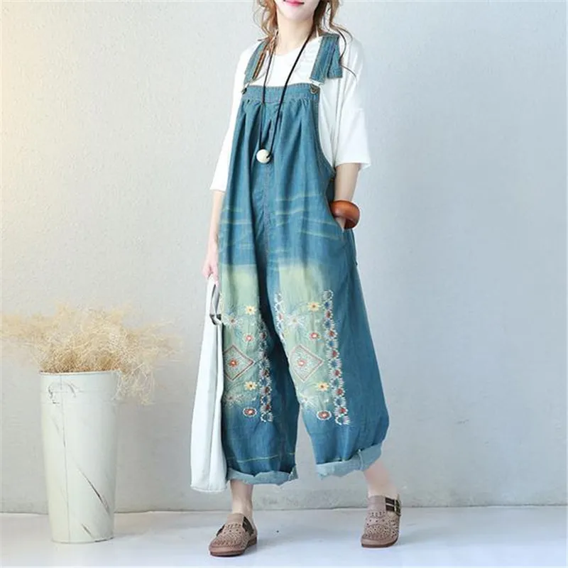 BUYKUD Vintage Embroidered Denim Jumpsuits Jeans Woman Backless Overalls Women Suspenders Wide leg Pants Bib Boots jumpsuits