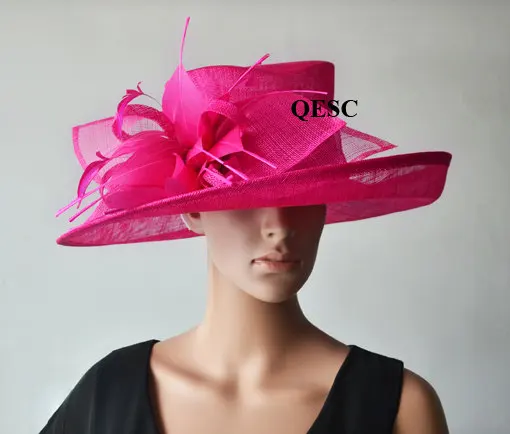 Новое большое розовое платье с полями цвета фуксии, женские шляпы с перьями и цветами для гонок, свадеб, Кентукки, Дерби, вечерние
