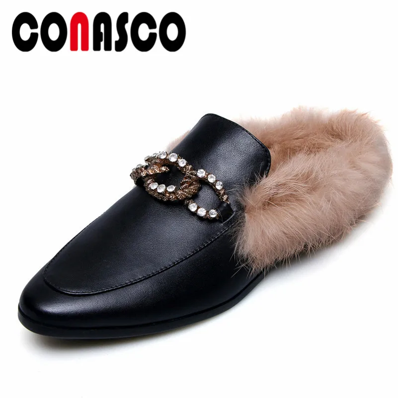 

CONASCO Women Rhinestone Party Wedding Shoes Genuine Leather Slingbacks Prom Pumps Ladies Warm Autumn Winter Sexy Casual Shoes
