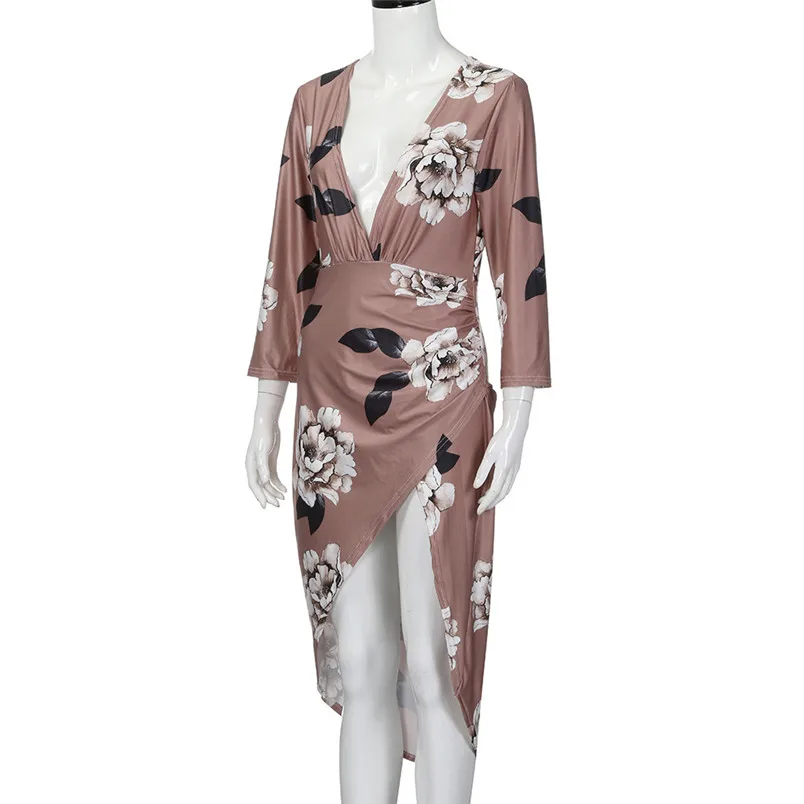 summer beach dress casual floral print long sleeve and mid-calf sexy 2018 summer dresses deep V neck dropshipping #F#40AT204