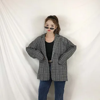 

NiceMix Fall Women Long Sleeve Single Breasted Plaid Plus Size Blazers Casual Harajuku Notched Collar Pockets Loose Blazers
