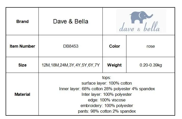 DB8453 dave bella/Модные осенние комплекты одежды для малышей милые костюмы с длинными рукавами для девочек детская одежда с принтом