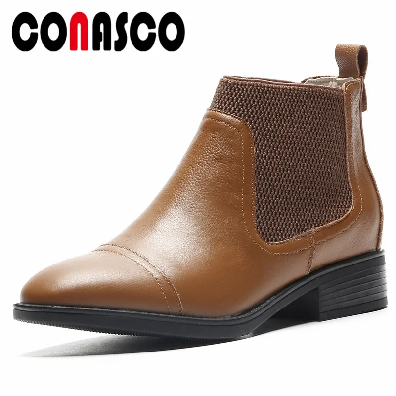 

CONASCO Retro Women Thick High Heels Ankle Boots Genuine Leather Pointed Toe Short Motorcycle Boots Ladies Short Office Pumps
