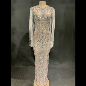 

2019 Bling Rhinestones Tassel Mesh Long Dress Birthday Celebrate Prom Party Dresses Nightclub Female Singer Dance Costume DJ