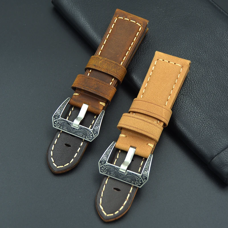 

Handmade Retro Genuine Leather Watch Band brown Strap for PAM Watch 22mm 24mm With Pattern tainless steel Upscale special Buckle