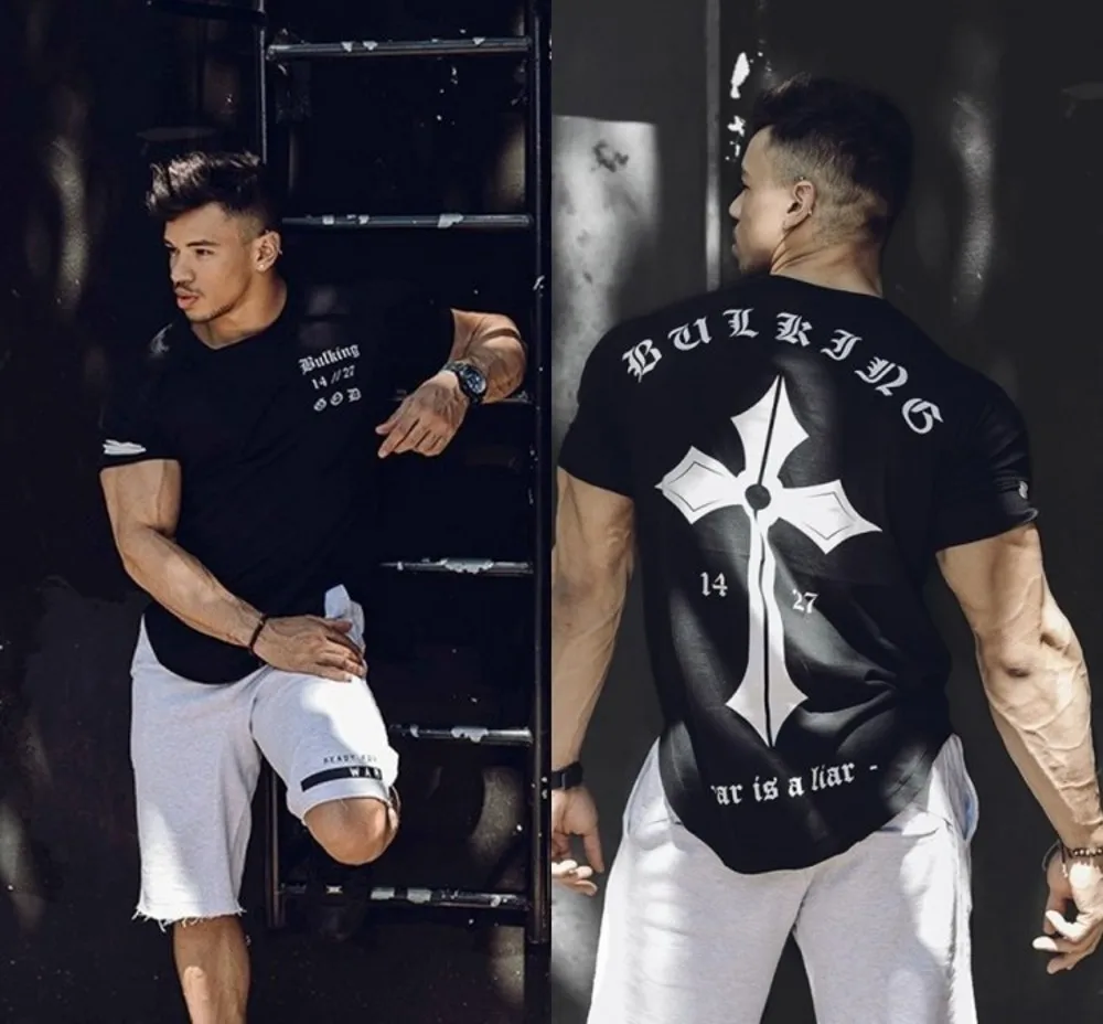 Новинка, мужская летняя футболка для бодибилдинга и фитнеса с неровным подолом и коротким рукавом - Цвет: 4