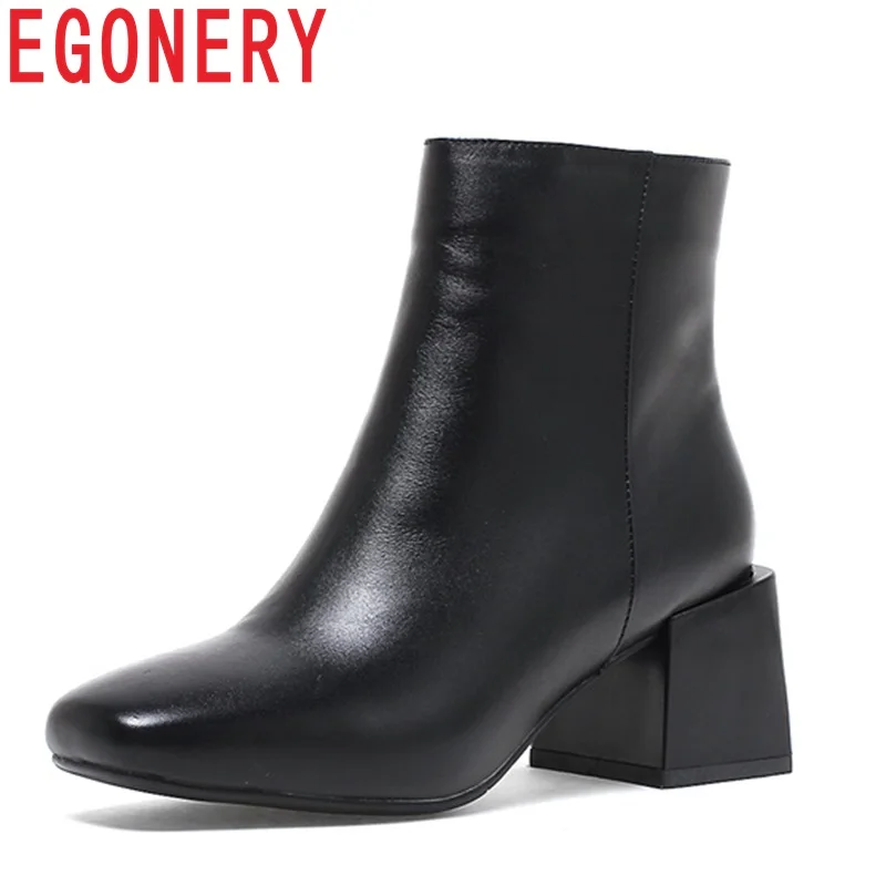 

EGONERY shoes women newest genuine leather square toe black and beige high square heel zipper winter plush warm fashion booties