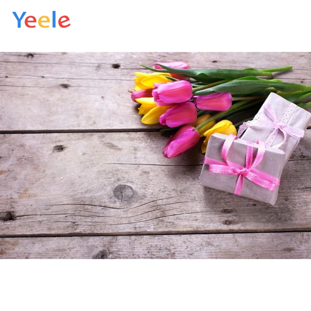 

Yeele Tulip Bouquet Old Wooden Board Planks Commodity Show Gift Photography Backgrounds Photographic Backdrops For Photo Studio