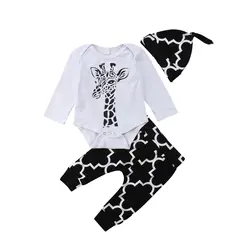 Комплект из 3 предметов для новорожденных мальчиков, топы с длинными рукавами и принтом жирафа, брючный комбинезон, шляпа, комплект одежды