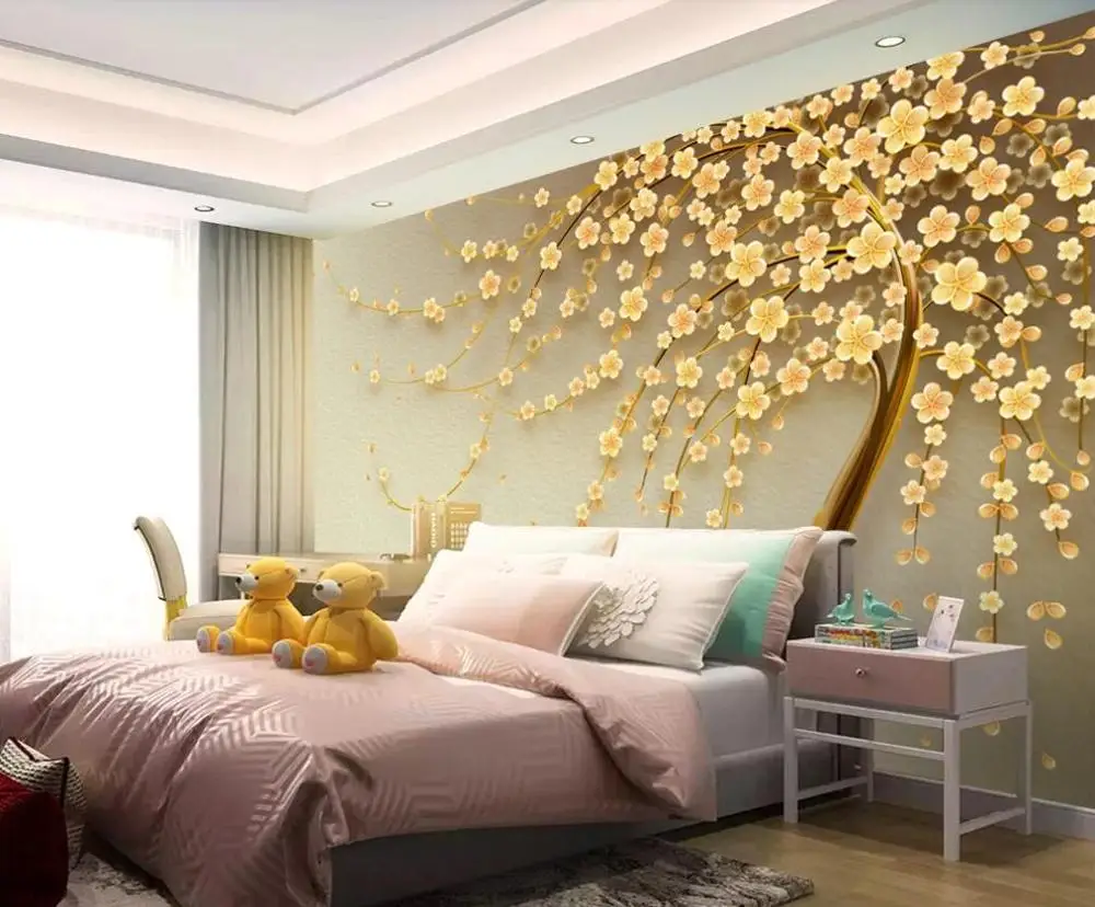 Пользовательские 3D Настенные обои золотые ювелирные изделия с бриллиантами цветы получить густое дерево Семья стена с изображением дерева украшение живопись