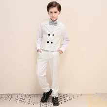 Boys England White Vertical Striped Lapel Children Vest Piano Show Catwalk Blazer Set Boy Piano Wedding Party Costumes H464 lapel dip hem vertical striped white blouse