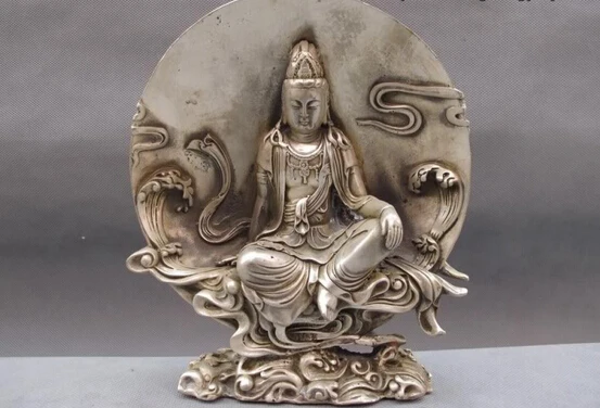 

song voge gem S0095 Chinese White Copper Silver Sit Comfortable Guanyin Bodhisattva Kwan-Yin Statue