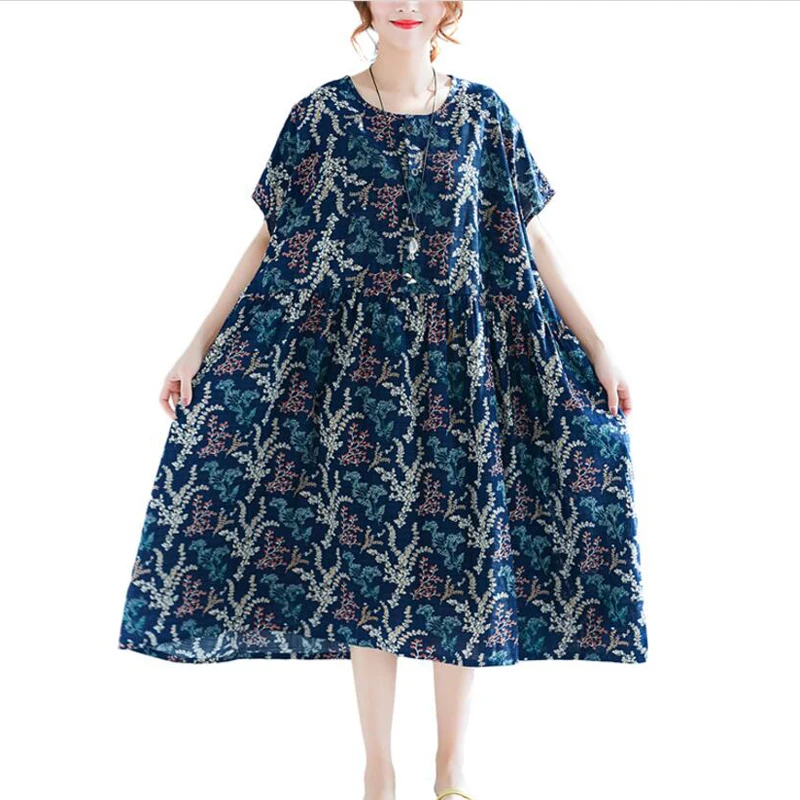 Women's Summer Dresses Vintage Style Print Cotton Linen dress Women Loose Plus Size Clothes Casual Dresses Female 2018 clothing