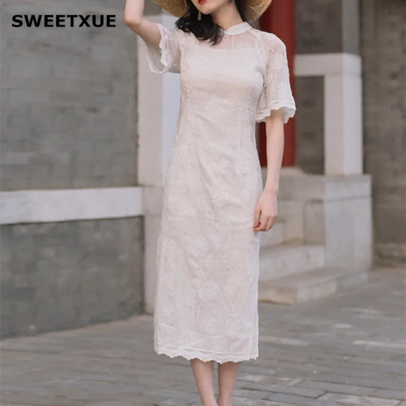 

SWEETXUE Summer Vintage Embroidered Lace Cheongsam Dress White Sweet Chinese Style Slim Elegant Party Long Dresses Women
