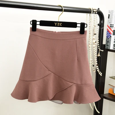 Solid Irregular Mini Mermaid Skirts Women Sexy Ruffles High Waist Package Hips Sweet Saias Office Ladies Work Slim Elegant Skirt