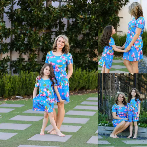 

New Fashion Mother and Daughter Sky Blue Short Sleeve Floral Cloth Parent-child Pencil Dress Family Matching Outfit