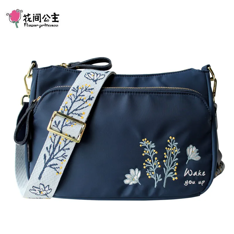 Женские сумки через плечо на широком ремне с цветочной вышивкой, нейлоновая сумка через плечо, женская сумка-мессенджер, Повседневная модная сумка - Цвет: Синий