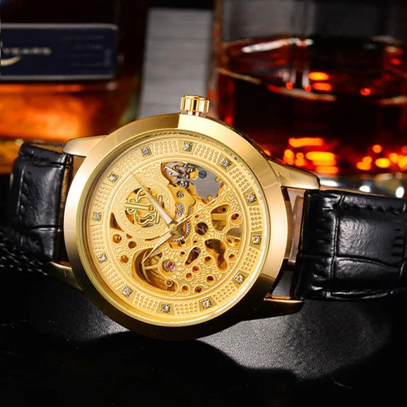 2016 Brand BOSCK Luxury Fashion Casual Stainless Steel Men Mechanical Watch Skeleton Hand Leather Watch Male