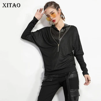 

[XITAO] New Women 2018 Autumn Europe Fashion Hooded Collar Full Sleeve T-shirt Female Solid Color Batwing Sleeve Tee CXB1247