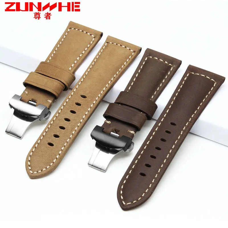 Genuine Leather Watchbands Men with Butterfly Buckle Bands for Panerai Belt Stainless Steel Buckle 22mm 24mm 2