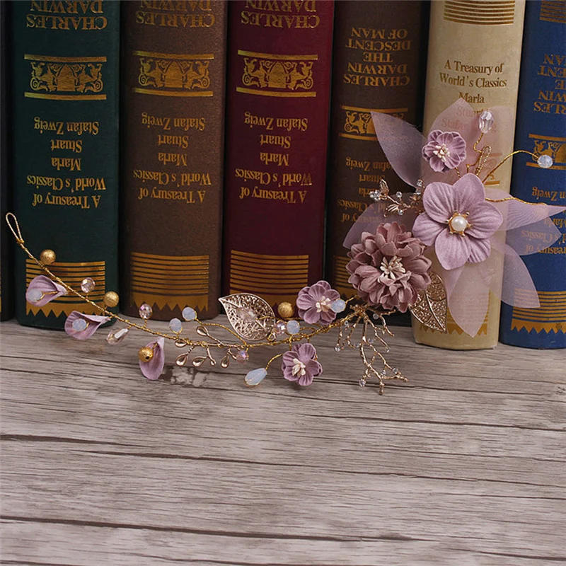 Милые длинные волосы цветок Свадебные украшения для волос Золотая фиолетовая серия невесты головной убор ручной работы свадебные вечерние свадебное украшение для волос