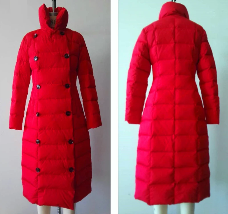 Новая зимняя коллекция Брендовые женские пуховики красные элегантные длинные двубортные толстые теплые женские зимние пальто Верхняя