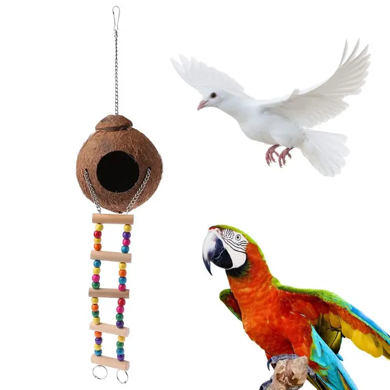 

Natural Bird House Coconut Shell Hut Cage With Ladder Pet Parrot Parakeet Toy