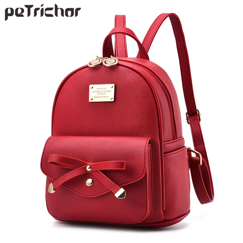 Petrichor Brand Designer Bow Small Backpack Ladies PU Leather Female Shoulder Bags Purse Teenage ...