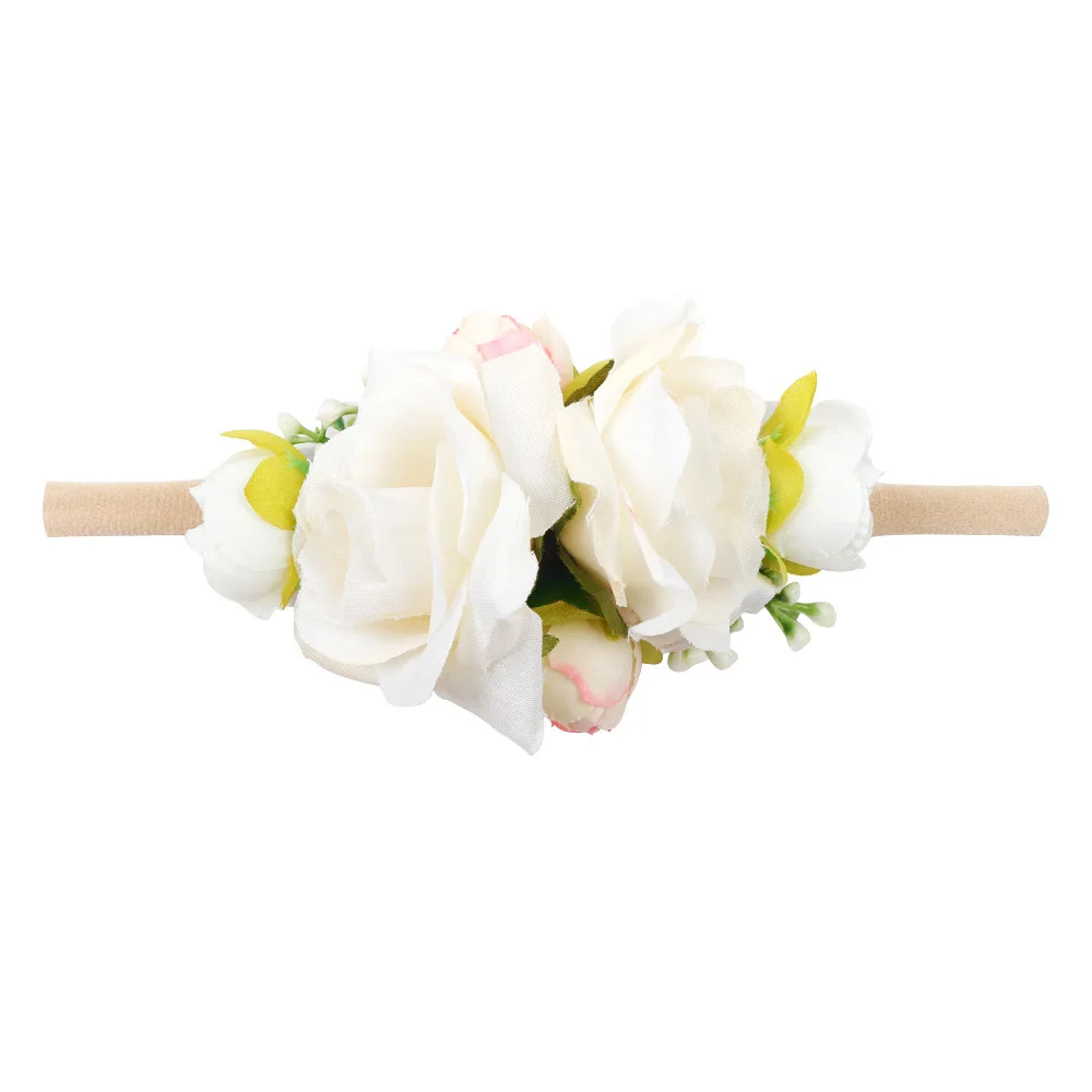 Ivory white 1 шт. розы бутон лист младенческой нейлон мягкая эластичная повязка на голову девушка аксессуары для волос реквизит фотосессии Детская повязка для волос фестиваль подарок - Цвет: Ivory white
