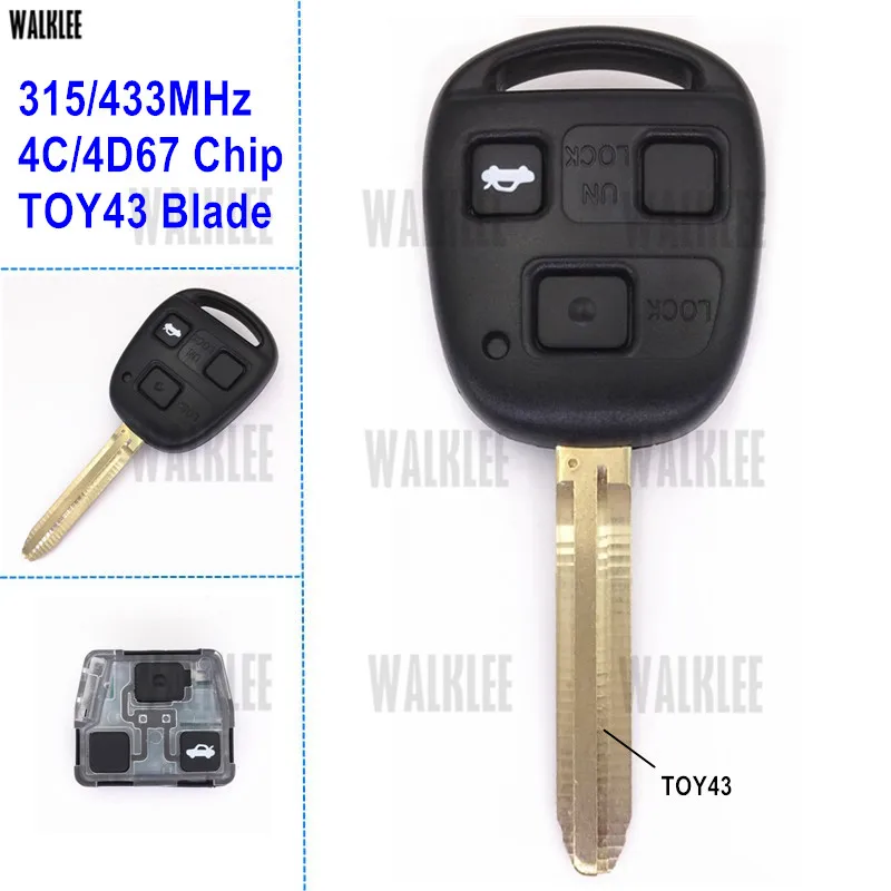 WALKLEE 3 Buttons Remote Key Sit for Toyota Camry Prado Corolla 4C Chip or 4D67 Chip TOY43 Blade