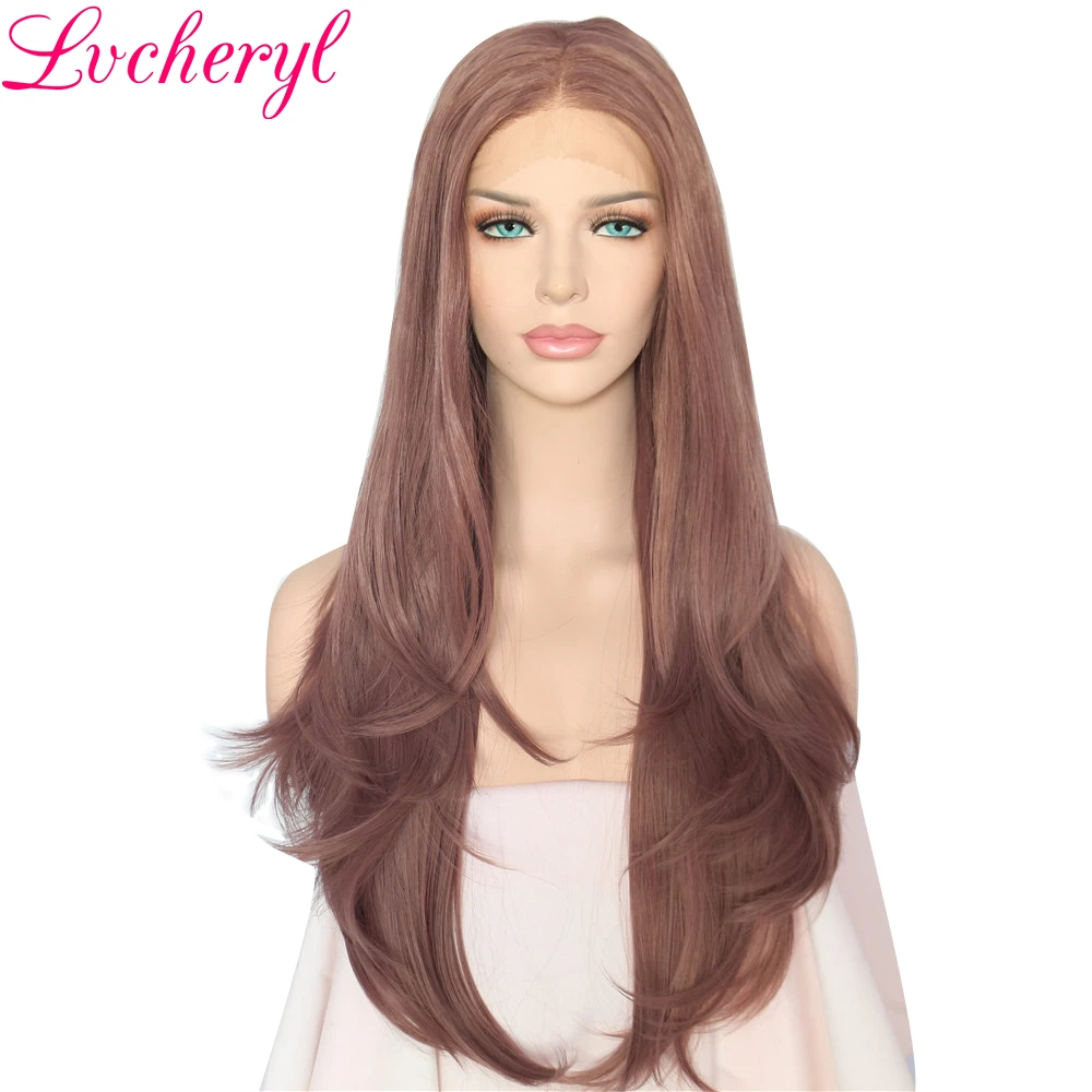 

Lvcheryl Coffer Brown Long Natural Straight Synthetic Lace Front Wig Glueless High Temperature Heat Resistant Hair Women Wigs