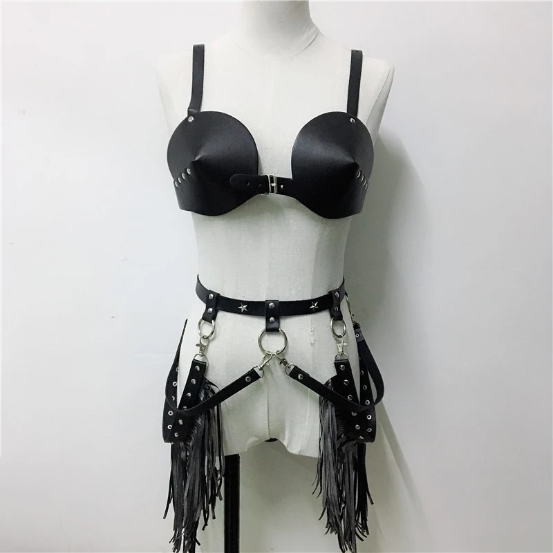 

Gothic Leather Link Chains Two Piece Set Women Black Bra Crop Top Long Tassels Mini Skirt Set Party Rave Festival Matching Set